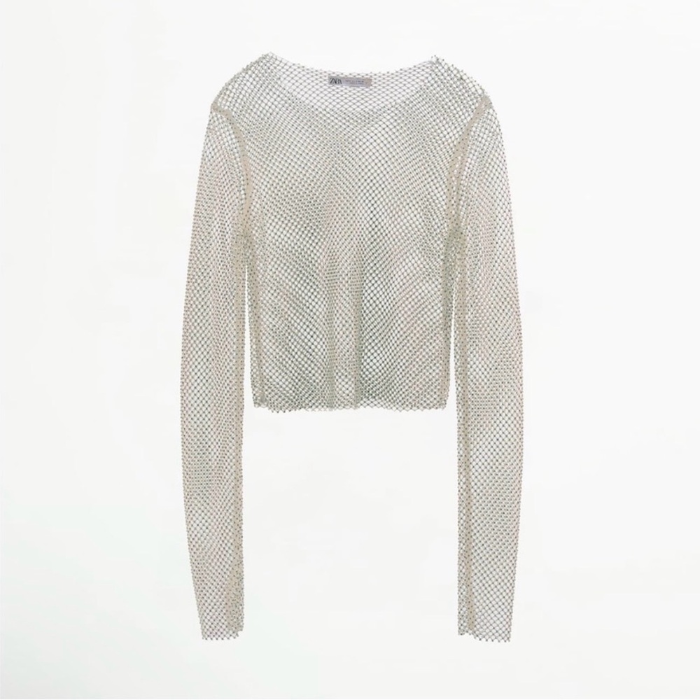 Zara Shimmer Mesh Long Sleeve Crop Top - White